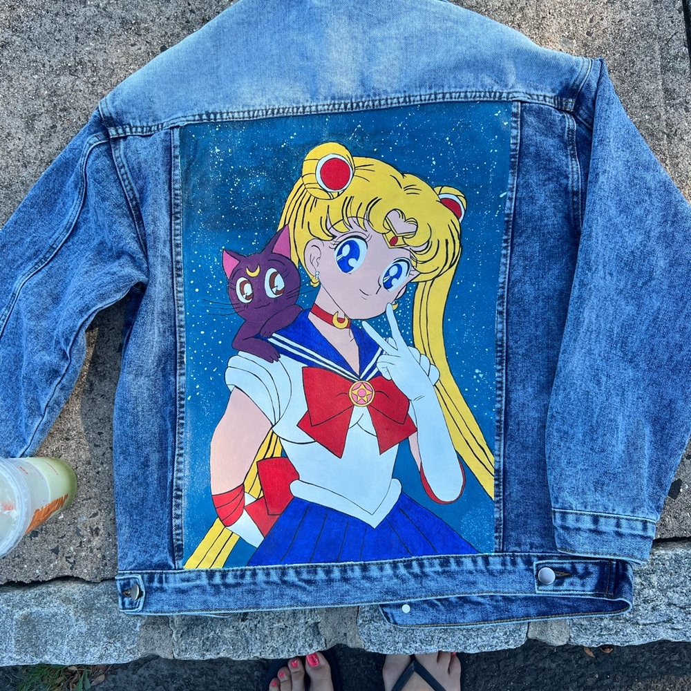 MAKE A OFFER !! Jean jacket men’s size M, women’s L,painted by hand. Sailor Moon